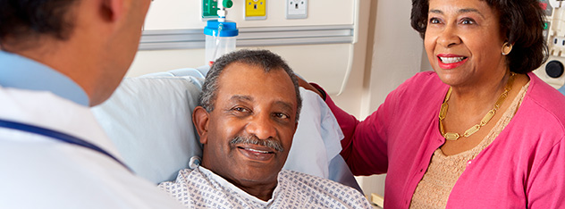 Male patient, woman and doctor in emergency room