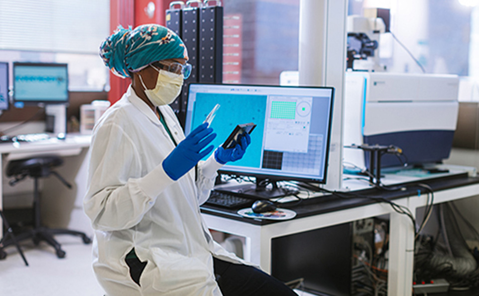 Photograph of a lab worker checking liver cancer samples