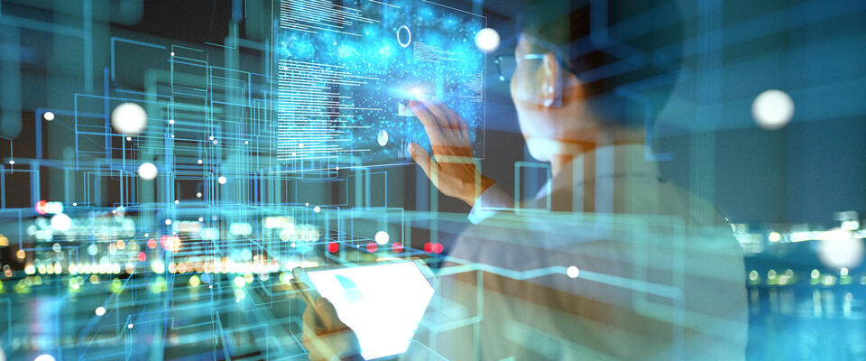 A person holds a digital tablet, touching a finger to a hovering transparent screen, with futuristic lights surrounding him.