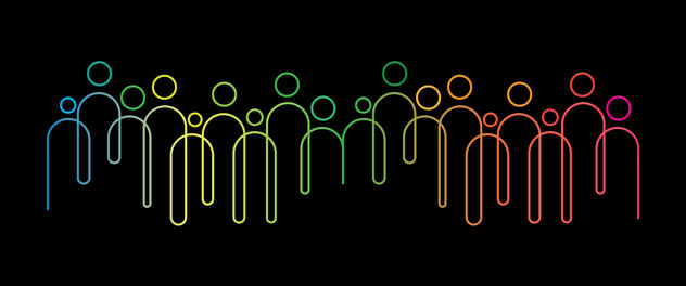 A rainbow one-line drawing of several people icons in a row on a black background