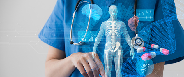 Photograph of skeleton superimposed over physician with stethoscope.