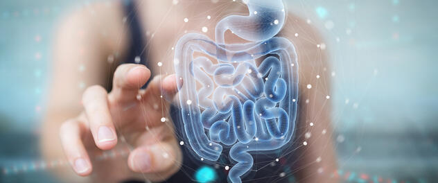 Woman on blurred background using digital x-ray of human intestine holographic scan projection 3D rendering