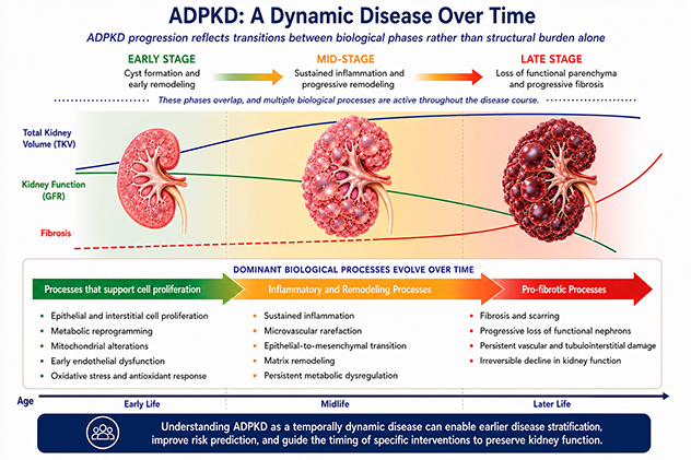Conceptual illustration of autosomal dominant polycystic kidney disease progression over time. Three kidneys representing early-, mid- and late-stage disease are shown alongside curves depicting increasing total kidney volume, declining kidney function and progressive fibrosis. The figure highlights overlapping biological phases associated with cell proliferation, inflammation and remodeling, and profibrotic processes during disease progression.