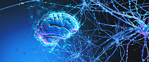 3D model of the human brain on dark background surrounded by neural networks.