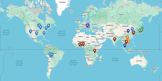 Map of collaboration sites in North America, Europe, Africa and Asia